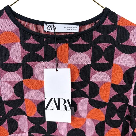 Zara Geometric Jacquard Knit Sweater Sz S Black Orange Pink Long Sleeve Cropped - Picture 3 of 7